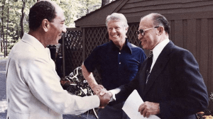 Begin at Camp David in 1978 with Jimmy Carter and Anwar Sadat
