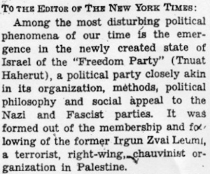 The December 4, 1948 letter signed by Hannah Arendt and Albert Einstein in the 'Times'