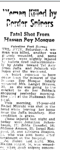 A clipping from 1948 about sniper fire from the Hassan Bek mosque