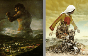 Imad Abu Shtayyah (right) and Goya's artwork