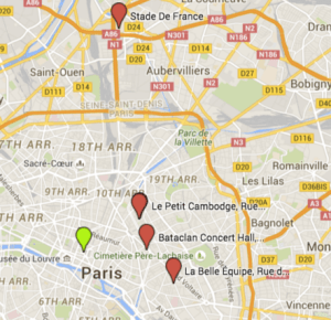 Map of attacks in Paris